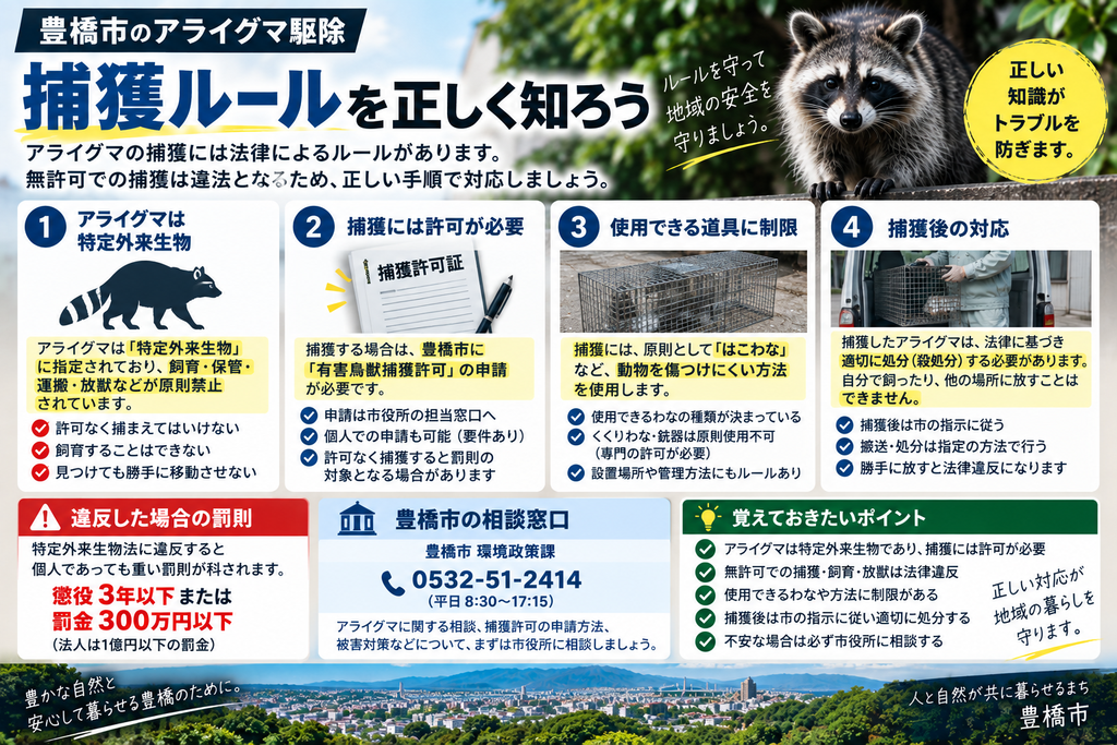 豊橋市のアライグマ捕獲ルールを示した図解