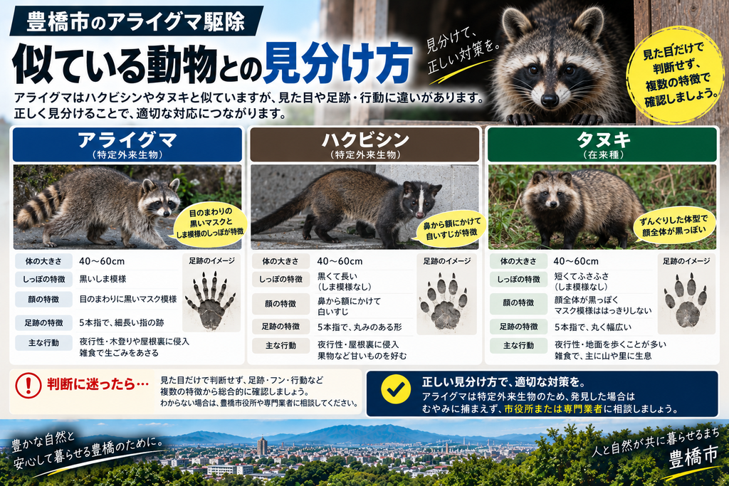 アライグマとハクビシン・タヌキの見分け方を示す図解