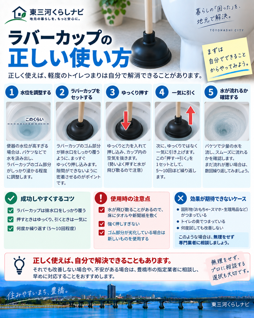 ラバーカップを使ったトイレつまりの対処方法を示す図解