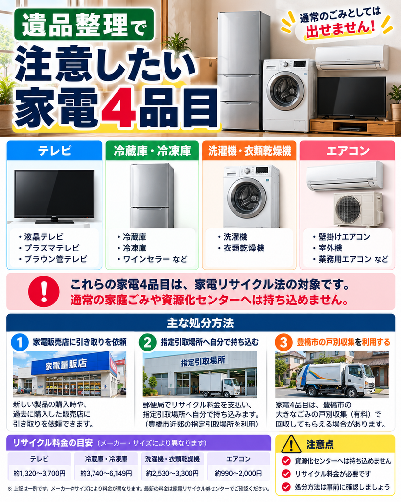テレビ・冷蔵庫・洗濯機・エアコンの家電4品目の処分方法