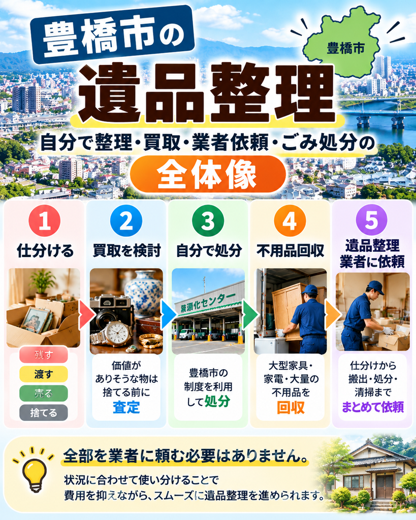 豊橋市の遺品整理の全体像｜仕分け・買取・自分で処分・不用品回収・業者依頼