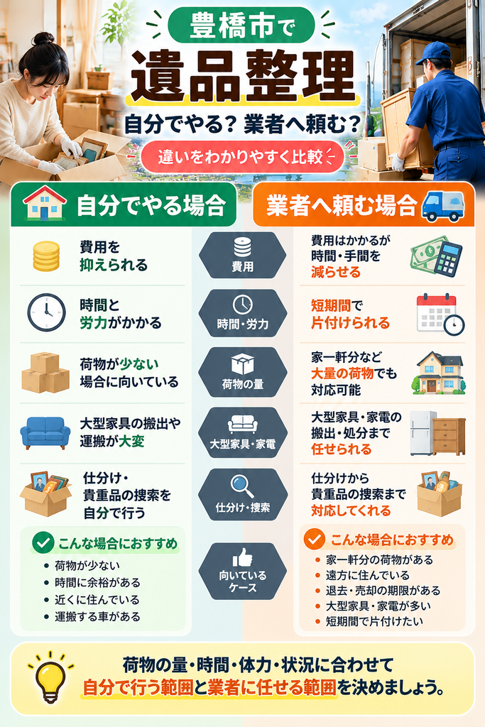 豊橋市の遺品整理｜自分で行う場合と業者へ依頼する場合の比較
