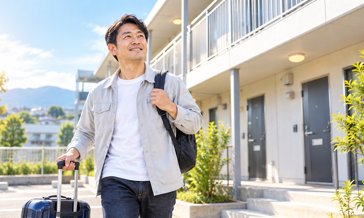 寮付き工場求人で新しい生活を始める40代男性のイメージ